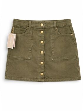 Michael Kors Olive Green Button Front Denim Mini Skirt Gold Buttons Size 6 NWT